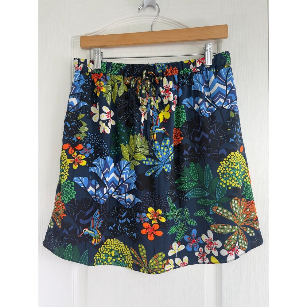 LOFT Drawstring Skirt Navy Blue Multicolor Floral Hummingbird Print Women's S